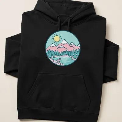 Kawaii line-art of a deer in a pastel landscape with soft colors — printed on a unisex hoodie
