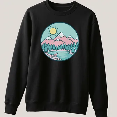 Kawaii line-art of a deer in a pastel landscape with soft colors — printed on a unisex sweatshirt