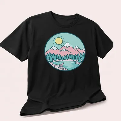 Kawaii line-art of a deer in a pastel landscape with soft colors — printed on a unisex t-shirt (angled view)