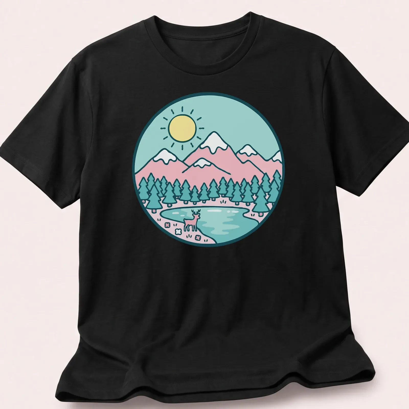 Kawaii line-art of a deer in a pastel landscape with soft colors — printed on a unisex t-shirt