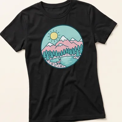 Kawaii line-art of a deer in a pastel landscape with soft colors — printed on a women's shirt