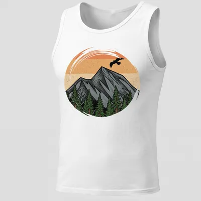 Vintage illustration of a mountain landscape with sunset colors in orange, gray, green, and brown. — printed on a tank top