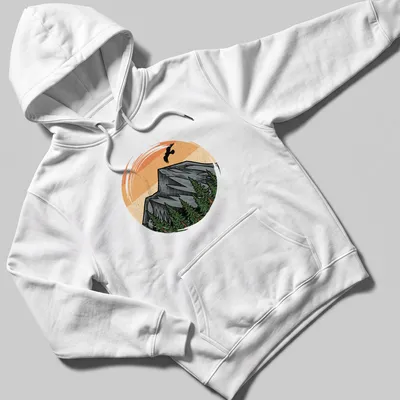 Vintage illustration of a mountain landscape with sunset colors in orange, gray, green, and brown. — printed on a unisex hoodie