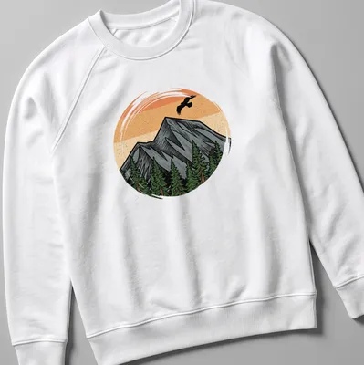 Vintage illustration of a mountain landscape with sunset colors in orange, gray, green, and brown. — printed on a unisex sweatshirt