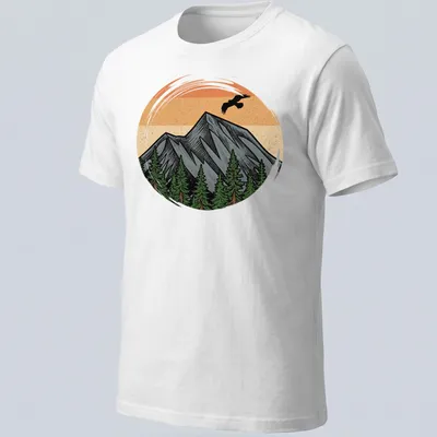 Vintage illustration of a mountain landscape with sunset colors in orange, gray, green, and brown.