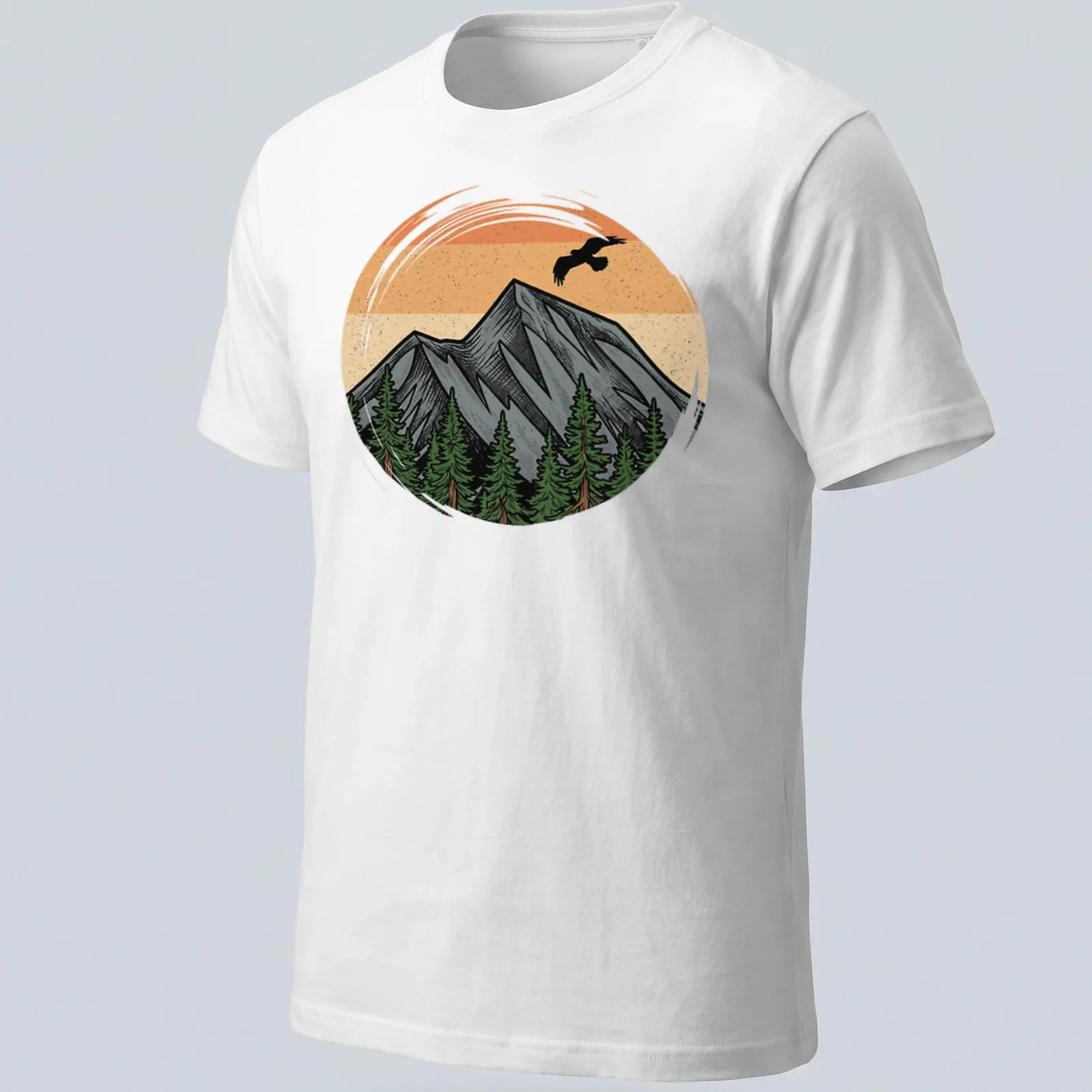 Vintage illustration of a mountain landscape with sunset colors in orange, gray, green, and brown. — printed on a unisex t-shirt