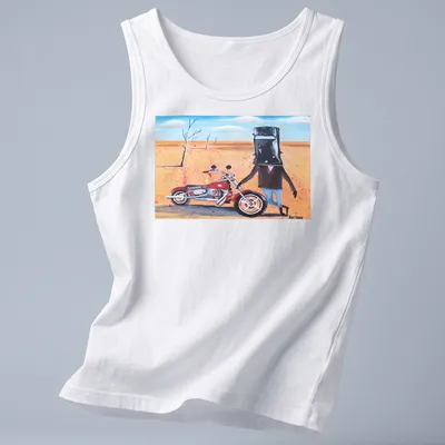 Colorful cartoon of Ned Kelly riding a motorcycle with playful text above. — printed on a tank top