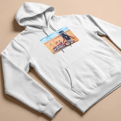 Colorful cartoon of Ned Kelly riding a motorcycle with playful text above. — printed on a unisex hoodie