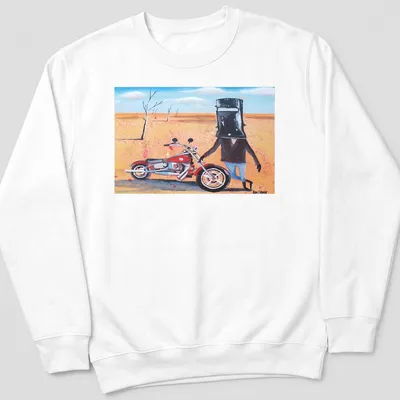 Colorful cartoon of Ned Kelly riding a motorcycle with playful text above. — printed on a unisex sweatshirt