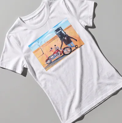 Colorful cartoon of Ned Kelly riding a motorcycle with playful text above. — printed on a women's shirt