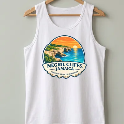 Vintage travel badge design featuring Negril Cliffs and sunset colors — printed on a tank top