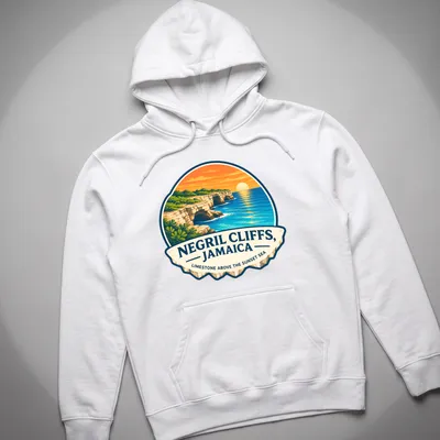 Vintage travel badge design featuring Negril Cliffs and sunset colors — printed on a unisex hoodie