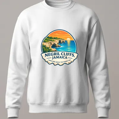 Vintage travel badge design featuring Negril Cliffs and sunset colors — printed on a unisex sweatshirt