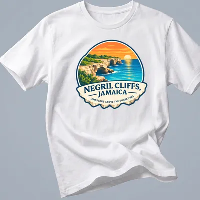 Vintage travel badge design featuring Negril Cliffs and sunset colors