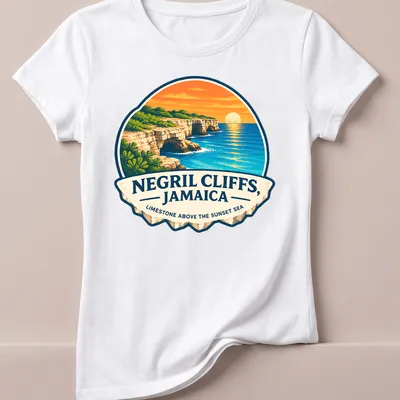 Vintage travel badge design featuring Negril Cliffs and sunset colors — printed on a women's shirt