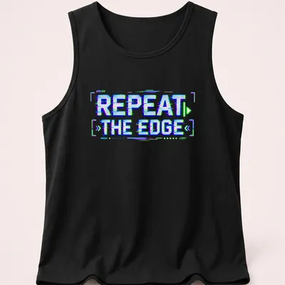 Neon text design of Repeat The Edge in glitch art style featuring blue, green, purple, and white — printed on a tank top