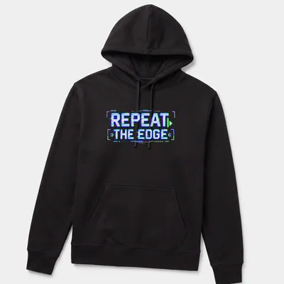 Neon text design of Repeat The Edge in glitch art style featuring blue, green, purple, and white — printed on a unisex hoodie
