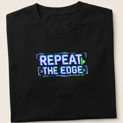 Neon text design of Repeat The Edge in glitch art style featuring blue, green, purple, and white
