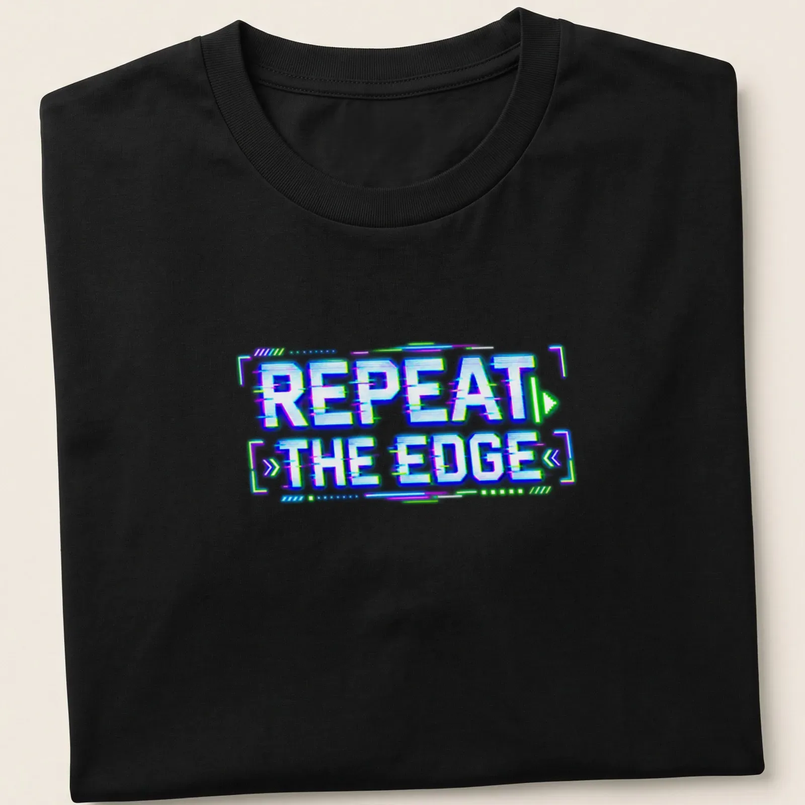 Neon text design of Repeat The Edge in glitch art style featuring blue, green, purple, and white — printed on a unisex t-shirt