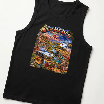 Vintage travel t-shirt featuring New Mexico landscape with colorful text — printed on a tank top