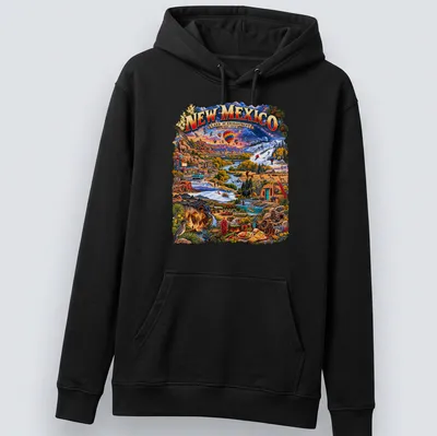 Vintage travel t-shirt featuring New Mexico landscape with colorful text — printed on a unisex hoodie