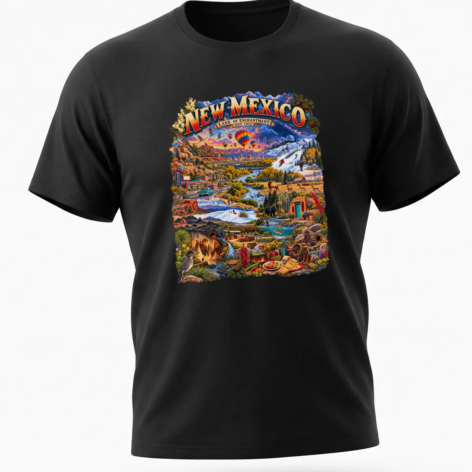 Vintage travel t-shirt featuring New Mexico landscape with colorful text — printed on a unisex t-shirt