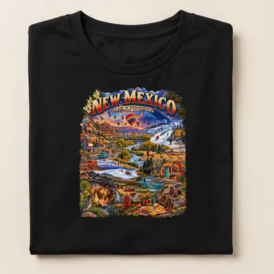 Vintage travel t-shirt featuring New Mexico landscape with colorful text — printed on a women's shirt