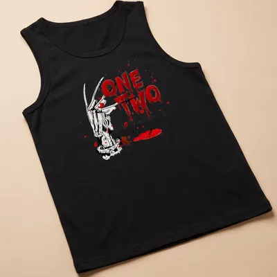 Illustration of a slasher glove with the text One Two Freddy's Coming For You in horror style — printed on a tank top