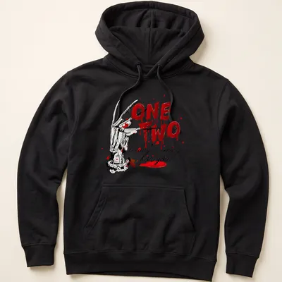 Illustration of a slasher glove with the text One Two Freddy's Coming For You in horror style — printed on a unisex hoodie