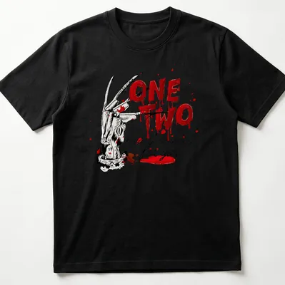 Illustration of a slasher glove with the text One Two Freddy's Coming For You in horror style