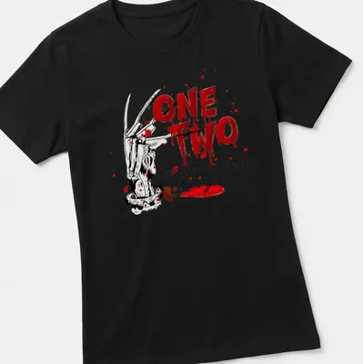 Illustration of a slasher glove with the text One Two Freddy's Coming For You in horror style — printed on a women's shirt