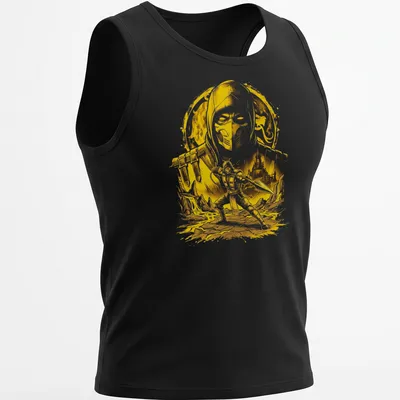 Detailed illustration of a ninja with the word 'Hellfire' in bold typography, in yellow and white. — printed on a tank top