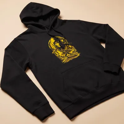 Detailed illustration of a ninja with the word 'Hellfire' in bold typography, in yellow and white. — printed on a unisex hoodie