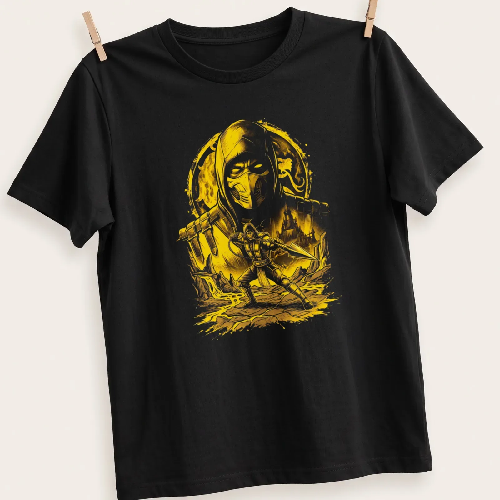 Detailed illustration of a ninja with the word 'Hellfire' in bold typography, in yellow and white. — printed on a unisex t-shirt