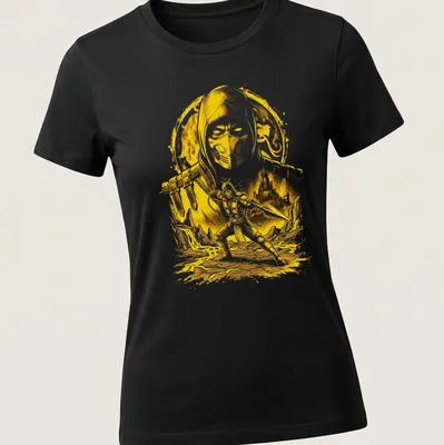 Detailed illustration of a ninja with the word 'Hellfire' in bold typography, in yellow and white. — printed on a women's shirt