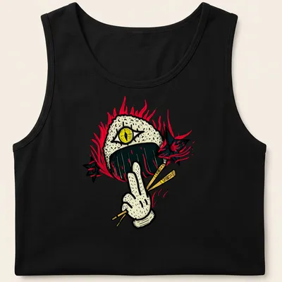Funny Ninja Onigiri Sushi Roll T-shirt with cartoonish ninja design — printed on a tank top
