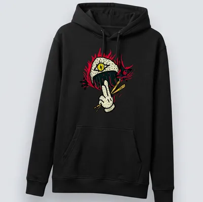 Funny Ninja Onigiri Sushi Roll T-shirt with cartoonish ninja design — printed on a unisex hoodie