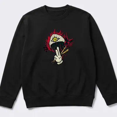 Funny Ninja Onigiri Sushi Roll T-shirt with cartoonish ninja design — printed on a unisex sweatshirt