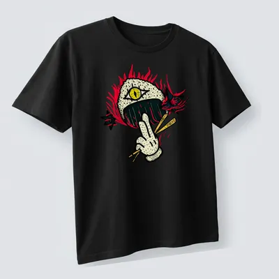 Funny Ninja Onigiri Sushi Roll T-shirt with cartoonish ninja design — printed on a unisex t-shirt (angled view)