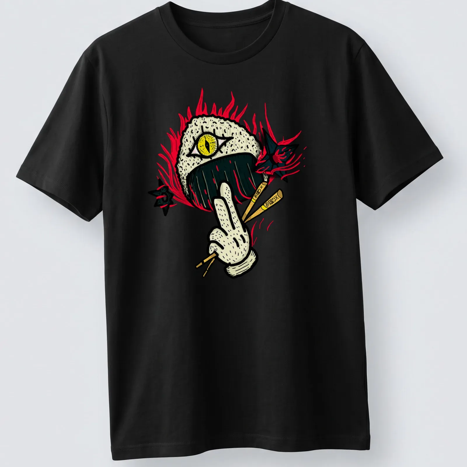 Funny Ninja Onigiri Sushi Roll T-shirt with cartoonish ninja design — printed on a unisex t-shirt