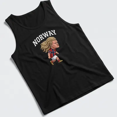 Cartoon football star illustration with Norway text in red, blue, and white — printed on a tank top