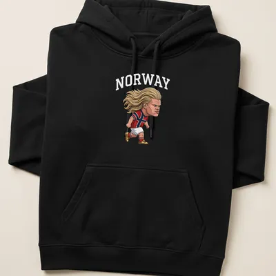 Cartoon football star illustration with Norway text in red, blue, and white — printed on a unisex hoodie