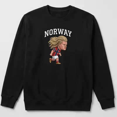 Cartoon football star illustration with Norway text in red, blue, and white — printed on a unisex sweatshirt