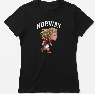 Cartoon football star illustration with Norway text in red, blue, and white — printed on a women's shirt