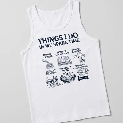 Illustrative design shirt listing activities for Norwegian Elkhound lovers in black and gray — printed on a tank top