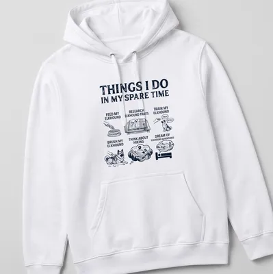 Illustrative design shirt listing activities for Norwegian Elkhound lovers in black and gray — printed on a unisex hoodie