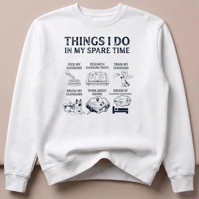 Illustrative design shirt listing activities for Norwegian Elkhound lovers in black and gray — printed on a unisex sweatshirt