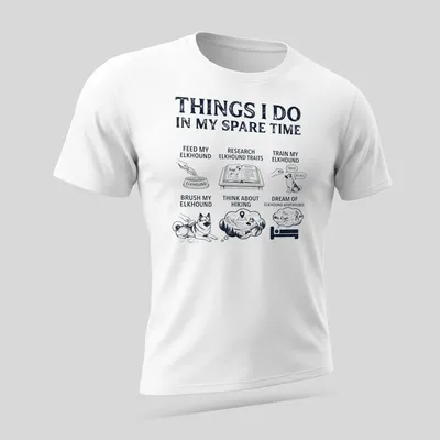 Illustrative design shirt listing activities for Norwegian Elkhound lovers in black and gray — printed on a unisex t-shirt (angled view)