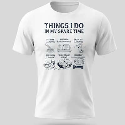 Illustrative design shirt listing activities for Norwegian Elkhound lovers in black and gray