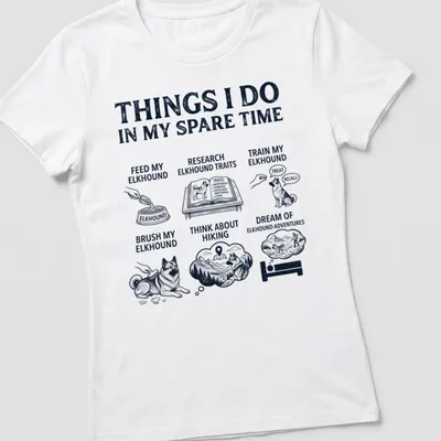 Illustrative design shirt listing activities for Norwegian Elkhound lovers in black and gray — printed on a women's shirt